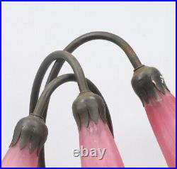 Vtg 3 Trumpet Shade Art Nouveau Lily Pad Table Lamp Light Pink Glass Shades
