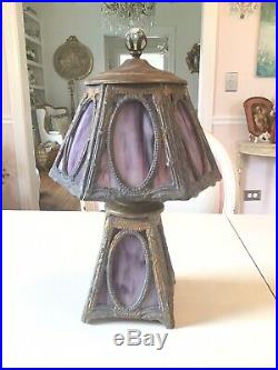 Vtg Antique Purple Slag Glass Mission Arts Crafts Style Lamp Metal old