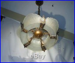 Vtg Antique Royal Coat Of Arms Slip Glass Chandelier Art Deco Lamp Fixture Light