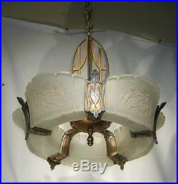 Vtg Antique Royal Coat Of Arms Slip Glass Chandelier Art Deco Lamp Fixture Light