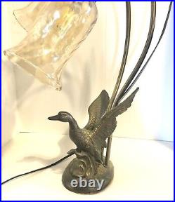Vtg Art Deco Dual Lamp Brass Mallard Duck Table Desk Lamp Amber Glass Shades 19