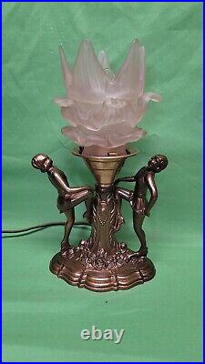 Vtg Art Deco Nouveau Dancing Ladies Figural Lamp Pink Flame Flower Shade