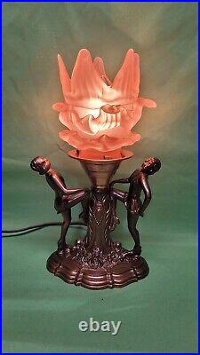 Vtg Art Deco Nouveau Dancing Ladies Figural Lamp Pink Flame Flower Shade