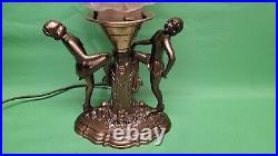 Vtg Art Deco Nouveau Dancing Ladies Figural Lamp Pink Flame Flower Shade