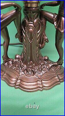 Vtg Art Deco Nouveau Dancing Ladies Figural Lamp Pink Flame Flower Shade