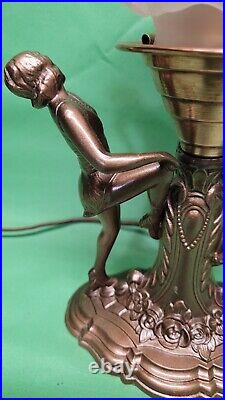 Vtg Art Deco Nouveau Dancing Ladies Figural Lamp Pink Flame Flower Shade