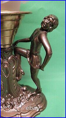 Vtg Art Deco Nouveau Dancing Ladies Figural Lamp Pink Flame Flower Shade