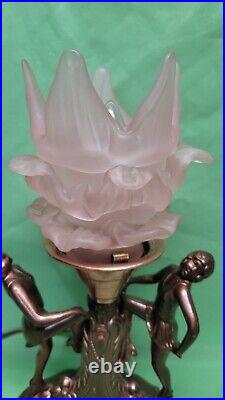 Vtg Art Deco Nouveau Dancing Ladies Figural Lamp Pink Flame Flower Shade