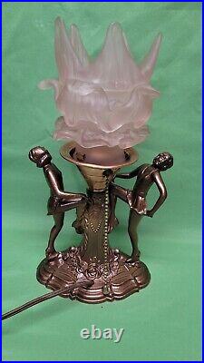 Vtg Art Deco Nouveau Dancing Ladies Figural Lamp Pink Flame Flower Shade