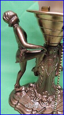 Vtg Art Deco Nouveau Dancing Ladies Figural Lamp Pink Flame Flower Shade