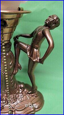 Vtg Art Deco Nouveau Dancing Ladies Figural Lamp Pink Flame Flower Shade