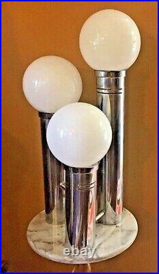 Vtg Art Deco Table Lamp 3 Chrome Pillars with Milk Glass Globe Shades Retro