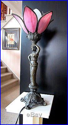 Vtg Art Nouveau Spelter Figural Boudoir Lamp Victorian Woman Lotus Glass Shade