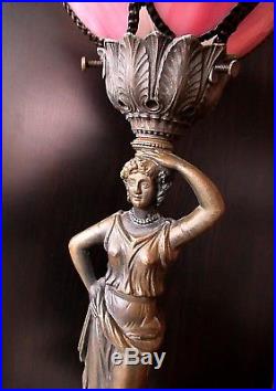 Vtg Art Nouveau Spelter Figural Boudoir Lamp Victorian Woman Lotus Glass Shade