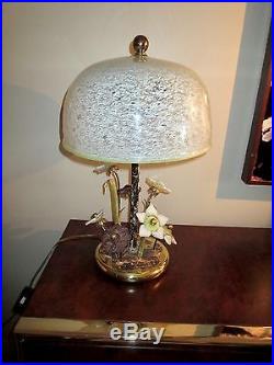 Vtg BANCI ITALY- FANTASY FLORAL ACCENT LAMP- METAL+ART GLASS with DOME SHADE