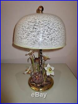 Vtg BANCI ITALY- FANTASY FLORAL ACCENT LAMP- METAL+ART GLASS with DOME SHADE