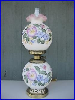 Vtg Fenton Hurricane Lamp Hand Painted by Diana Barbour Floral Motif