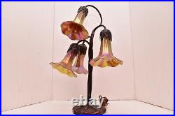 Vtg John Cook Studios Bronze Iridescent art Glass Lilies Lamp Signed