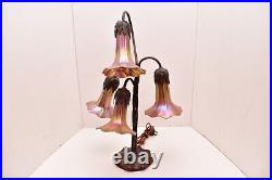 Vtg John Cook Studios Bronze Iridescent art Glass Lilies Lamp Signed