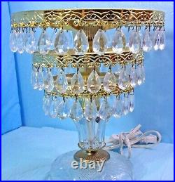 Vtg. Michelotti Pink Cranberry Shade 3 Tier Crystal Prisms Glass Table Lamp