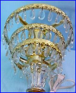 Vtg. Michelotti Pink Cranberry Shade 3 Tier Crystal Prisms Glass Table Lamp
