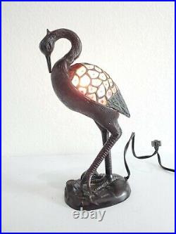 Vtg Table Lamp Flower Art Glass Bird Bronze Tone 14 Night Light