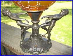 WRJ and AGF CO. Art Deco 20's 30's Lady Figural Lamp Amber Crackle Glass Shade