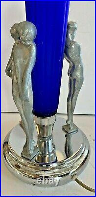 Wonderful Art Deco Chrome Three Graces Nudes Lamp Cobalt Torpedo Glass Shade