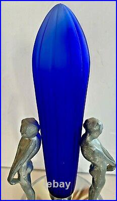 Wonderful Art Deco Chrome Three Graces Nudes Lamp Cobalt Torpedo Glass Shade